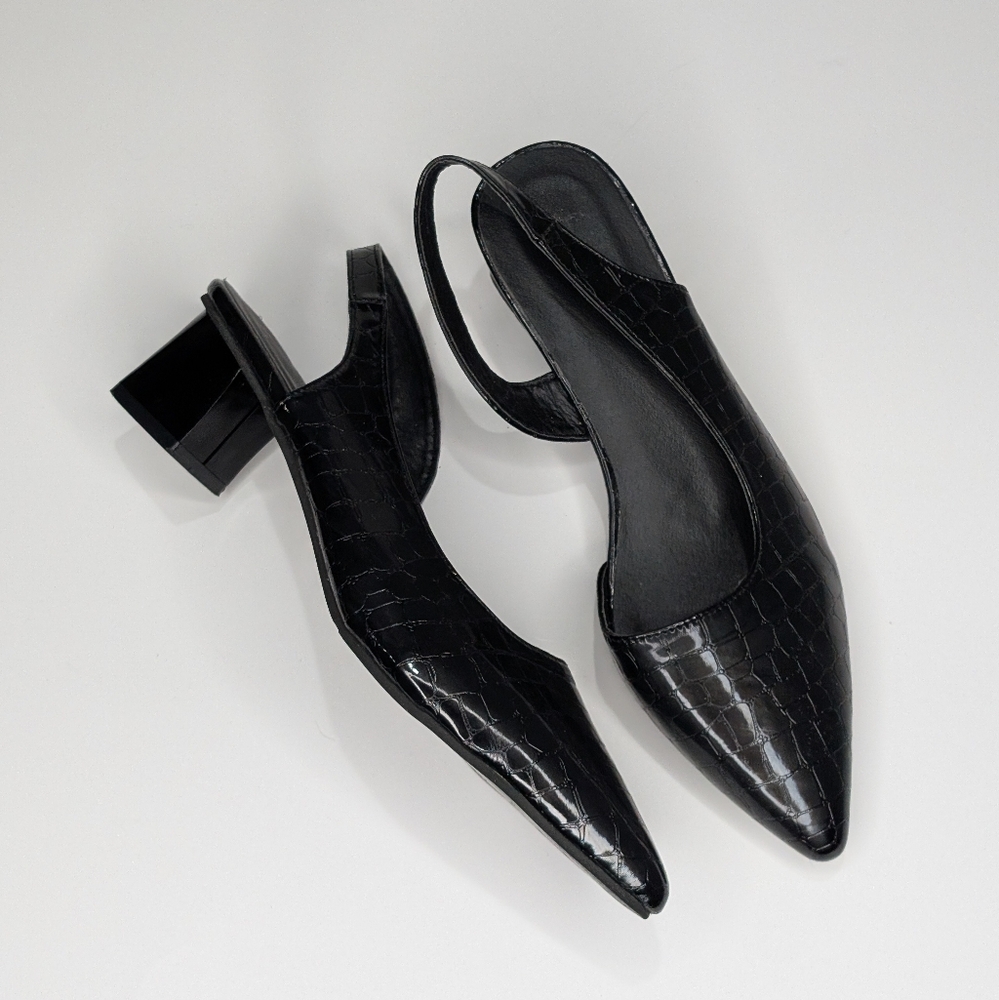 Black Croc-Embossed Slingback Kitten Heel Pumps | Size 41 (US 9)